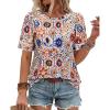 image:imagesiliteelon Boho Tops for Women Floral Print Blouse Short Sleeve TShirt Summer Casual Eyelet Peasant Shirt Trendy 2026Bohemian Mosaic