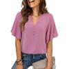 image:imagesiliteelon Women Dressy Casual Blouses Ruffle Short Sleeve V Neck Tops Flowy Loose Fitting Work Business Casual ShirtHot Pink