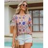 image:imagesiliteelon Boho Tops for Women Floral Print Blouse Short Sleeve TShirt Summer Casual Eyelet Peasant Shirt Trendy 2026Bohemian Mosaic