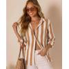 image:imagesiliteelon Striped Button Down Shirts for Women Linen Button Up Dress Shirt Long Sleeve Blouse Collared Summer BeachBrown Striped