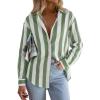 image:imagesiliteelon Striped Button Down Shirts for Women Linen Button Up Dress Shirt Long Sleeve Blouse Collared Summer BeachGreen Striped