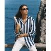 image:imagesiliteelon Striped Button Down Shirts for Women Linen Button Up Dress Shirt Long Sleeve Blouse Collared Summer BeachNavy Blue Striped