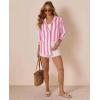 image:imagesiliteelon Striped Button Down Shirts for Women Linen Button Up Dress Shirt Long Sleeve Blouse Collared Summer BeachPink Striped