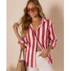 image:imagesiliteelon Striped Button Down Shirts for Women Linen Button Up Dress Shirt Long Sleeve Blouse Collared Summer BeachRed Striped