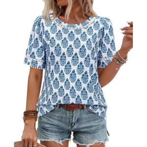 image:imagesiliteelon Boho Tops for Women Floral Print Blouse Short Sleeve TShirt Summer Casual Eyelet Peasant Shirt Trendy 2026Aegean Sea Leaf