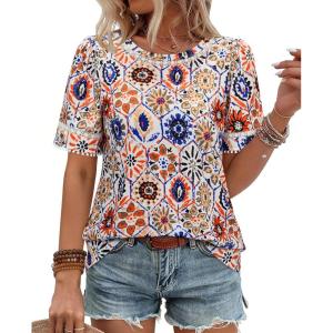 image:imagesiliteelon Boho Tops for Women Floral Print Blouse Short Sleeve TShirt Summer Casual Eyelet Peasant Shirt Trendy 2026Bohemian Mosaic