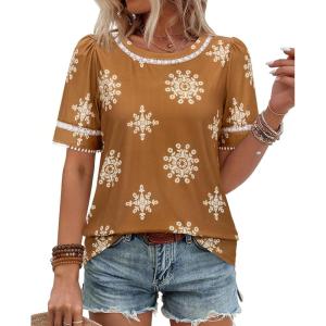 image:imagesiliteelon Boho Tops for Women Floral Print Blouse Short Sleeve TShirt Summer Casual Eyelet Peasant Shirt Trendy 2026Caramel Mandala