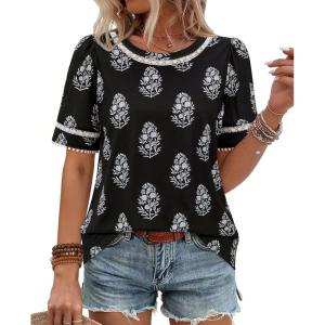 image:imagesiliteelon Boho Tops for Women Floral Print Blouse Short Sleeve TShirt Summer Casual Eyelet Peasant Shirt Trendy 2026Onyx Garden