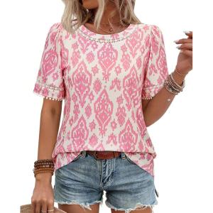 image:imagesiliteelon Boho Tops for Women Floral Print Blouse Short Sleeve TShirt Summer Casual Eyelet Peasant Shirt Trendy 2026Rose Damask