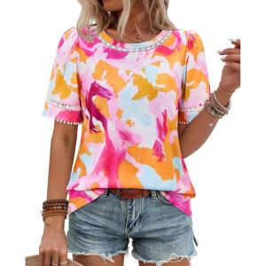 image:imagesiliteelon Boho Tops for Women Floral Print Blouse Short Sleeve TShirt Summer Casual Eyelet Peasant Shirt Trendy 2026Sunset Sorbet