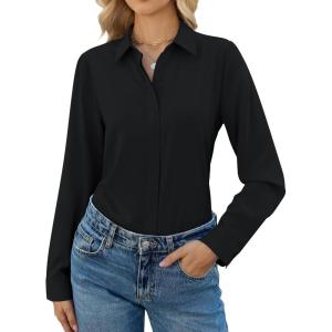 image:imagesiliteelon Button Down Shirts for Women Long Sleeve Chiffon Tops Wrinkle Free Collared Work Dressy Casual BlousesBlack