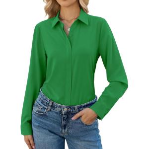 image:imagesiliteelon Button Down Shirts for Women Long Sleeve Chiffon Tops Wrinkle Free Collared Work Dressy Casual BlousesGreen