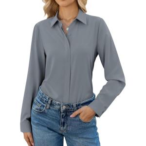 image:imagesiliteelon Button Down Shirts for Women Long Sleeve Chiffon Tops Wrinkle Free Collared Work Dressy Casual BlousesGrey