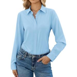 image:imagesiliteelon Button Down Shirts for Women Long Sleeve Chiffon Tops Wrinkle Free Collared Work Dressy Casual BlousesLight Blue