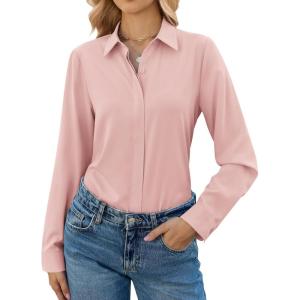 image:imagesiliteelon Button Down Shirts for Women Long Sleeve Chiffon Tops Wrinkle Free Collared Work Dressy Casual BlousesLight Pink