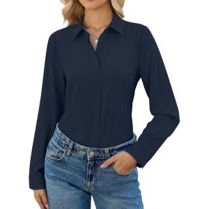 image:imagesiliteelon Button Down Shirts for Women Long Sleeve Chiffon Tops Wrinkle Free Collared Work Dressy Casual BlousesNavy Blue