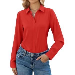 image:imagesiliteelon Button Down Shirts for Women Long Sleeve Chiffon Tops Wrinkle Free Collared Work Dressy Casual BlousesRed