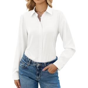 image:imagesiliteelon Button Down Shirts for Women Long Sleeve Chiffon Tops Wrinkle Free Collared Work Dressy Casual BlousesWhite