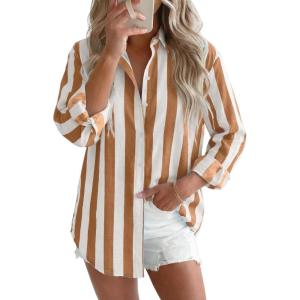image:imagesiliteelon Striped Button Down Shirts for Women Linen Button Up Dress Shirt Long Sleeve Blouse Collared Summer BeachBrown Striped