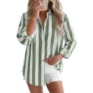 image:imagesiliteelon Striped Button Down Shirts for Women Linen Button Up Dress Shirt Long Sleeve Blouse Collared Summer BeachGreen Striped