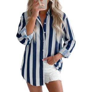 image:imagesiliteelon Striped Button Down Shirts for Women Linen Button Up Dress Shirt Long Sleeve Blouse Collared Summer BeachNavy Blue Striped