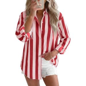 image:imagesiliteelon Striped Button Down Shirts for Women Linen Button Up Dress Shirt Long Sleeve Blouse Collared Summer BeachRed Striped