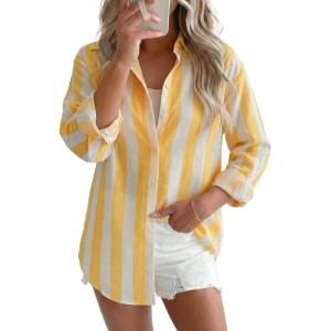 image:imagesiliteelon Striped Button Down Shirts for Women Linen Button Up Dress Shirt Long Sleeve Blouse Collared Summer BeachYellow Striped