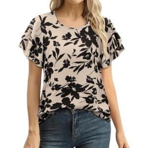 image:imagesiliteelon Summer Tops for Women Print Flutter Sleeve Round Neck Blouses Dressy Casual Shirt Beach Trendy 2026Apricotblack Floral