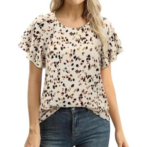 image:imagesiliteelon Summer Tops for Women Print Flutter Sleeve Round Neck Blouses Dressy Casual Shirt Beach Trendy 2026Floral Apricot