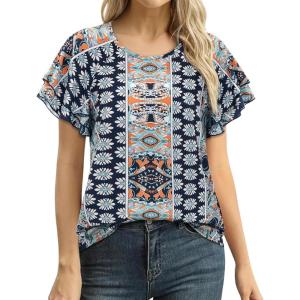 image:imagesiliteelon Summer Tops for Women Print Flutter Sleeve Round Neck Blouses Dressy Casual Shirt Beach Trendy 2026Navy Blue Graphic