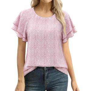 image:imagesiliteelon Summer Tops for Women Print Flutter Sleeve Round Neck Blouses Dressy Casual Shirt Beach Trendy 2026Pink Graphic