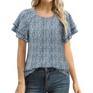image:imagesiliteelon Summer Tops for Women Print Flutter Sleeve Round Neck Blouses Dressy Casual Shirt Beach Trendy 2026Polka Dots Navy