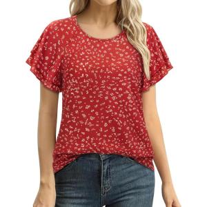 image:imagesiliteelon Summer Tops for Women Print Flutter Sleeve Round Neck Blouses Dressy Casual Shirt Beach Trendy 2026Red Floral