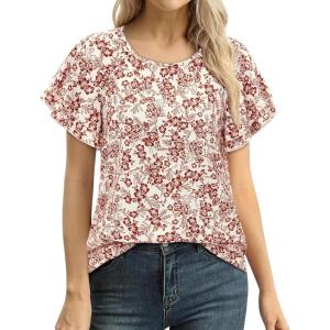 image:imagesiliteelon Summer Tops for Women Print Flutter Sleeve Round Neck Blouses Dressy Casual Shirt Beach Trendy 2026Red Flower White