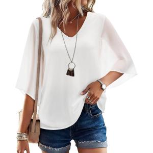 image:imagesiliteelon Women Dressy Casual Blouse Ruffle 34 Bell Sleeve Tops V Neck Office Work Chiffon Shirt Spring 2026 TrendyA White