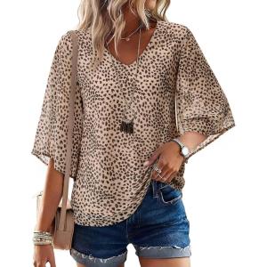 image:imagesiliteelon Women Dressy Casual Blouse Ruffle 34 Bell Sleeve Tops V Neck Office Work Chiffon Shirt Spring 2026 TrendyBeige Leopard