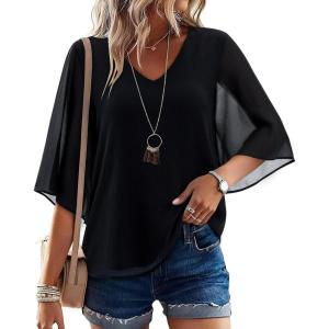 image:imagesiliteelon Women Dressy Casual Blouse Ruffle 34 Bell Sleeve Tops V Neck Office Work Chiffon Shirt Spring 2026 TrendyBlack