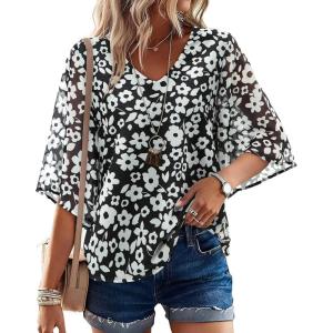 image:imagesiliteelon Women Dressy Casual Blouse Ruffle 34 Bell Sleeve Tops V Neck Office Work Chiffon Shirt Spring 2026 TrendyBlack Floral B