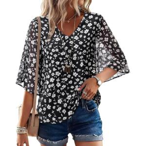 image:imagesiliteelon Women Dressy Casual Blouse Ruffle 34 Bell Sleeve Tops V Neck Office Work Chiffon Shirt Spring 2026 TrendyBlack Floral a