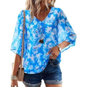image:imagesiliteelon Women Dressy Casual Blouse Ruffle 34 Bell Sleeve Tops V Neck Office Work Chiffon Shirt Spring 2026 TrendyBlue and White Floral