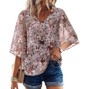 image:imagesiliteelon Women Dressy Casual Blouse Ruffle 34 Bell Sleeve Tops V Neck Office Work Chiffon Shirt Spring 2026 TrendyDark Red Floral