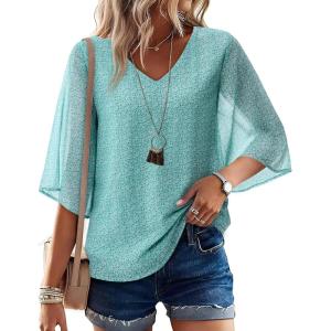 image:imagesiliteelon Women Dressy Casual Blouse Ruffle 34 Bell Sleeve Tops V Neck Office Work Chiffon Shirt Spring 2026 TrendyGreen Floral