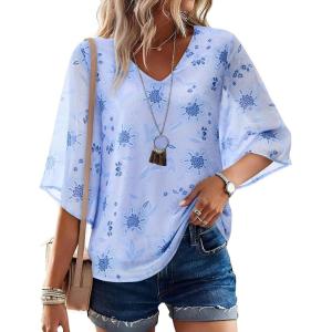 image:imagesiliteelon Women Dressy Casual Blouse Ruffle 34 Bell Sleeve Tops V Neck Office Work Chiffon Shirt Spring 2026 TrendyLight Blue Floral