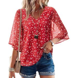 image:imagesiliteelon Women Dressy Casual Blouse Ruffle 34 Bell Sleeve Tops V Neck Office Work Chiffon Shirt Spring 2026 TrendyRed Dots