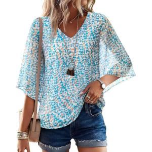 image:imagesiliteelon Women Dressy Casual Blouse Ruffle 34 Bell Sleeve Tops V Neck Office Work Chiffon Shirt Spring 2026 TrendyTeal Print