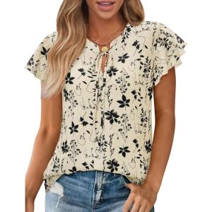 image:imagesiliteelon Women Dressy Casual Blouses Ruffle Cap Sleeve Tops Flutter Sleeve V Neck Work Shirt Cute Spring 2026 TrendyBeige Black Floral