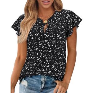 image:imagesiliteelon Women Dressy Casual Blouses Ruffle Cap Sleeve Tops Flutter Sleeve V Neck Work Shirt Cute Spring 2026 TrendyBlack Dots