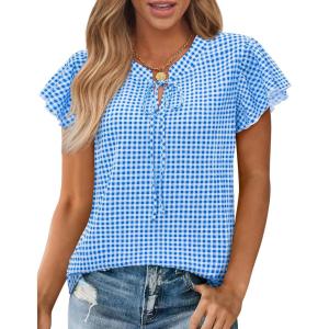 image:imagesiliteelon Women Dressy Casual Blouses Ruffle Cap Sleeve Tops Flutter Sleeve V Neck Work Shirt Cute Spring 2026 TrendyBlue Gingham