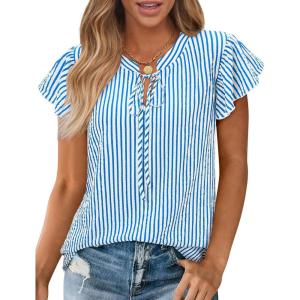 image:imagesiliteelon Women Dressy Casual Blouses Ruffle Cap Sleeve Tops Flutter Sleeve V Neck Work Shirt Cute Spring 2026 TrendyBlue Striped