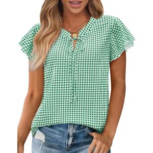 image:imagesiliteelon Women Dressy Casual Blouses Ruffle Cap Sleeve Tops Flutter Sleeve V Neck Work Shirt Cute Spring 2026 TrendyGreen Gingham